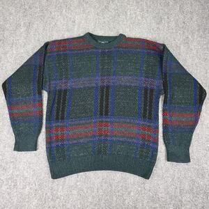 Vintage Jantzen Sweater Mens Large Green Plaid Knit Crewneck Pullover Made USA